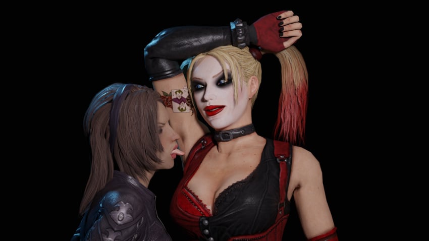 2girls 3d armpit armpit_licking armpit_worship armpits batman:_arkham_city batman_(series) blender blender_taper blonde_hair brown_hair clothed collar dc dc_comics dyed_hair female female_only femdom harley_quinn harley_quinn_(arkham) harley_quinn_(arkham_city) rocksteady_studios stinky talia_al_ghul talia_al_ghul_(arkham_city) tattoo theblendertaper twintails worship xnalara xps yuri