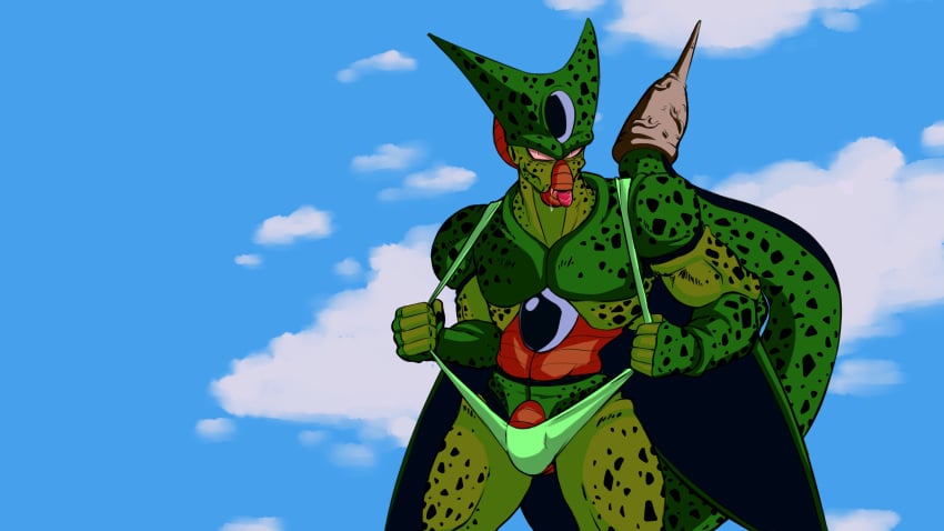 android beady_eyes blue_sky bodily_fluids brachyzoid bulge_through_clothing cell_(dragon_ball) clouds dragon_ball dragon_ball_z dragon_ball_z_abridged featureless_chest featureless_crotch fists green_body green_skin humanoid imperfect_cell long_fingernails male male_only mankini meme muscular muscular_arms red_sclera saliva screencap solar_flare solo spotted_body spotted_skin spotted_tail staring staring_at_viewer suggestive suggestive_look tail team_four_star thick_neck three_tone_body tongue tongue_out veiny_tail wings