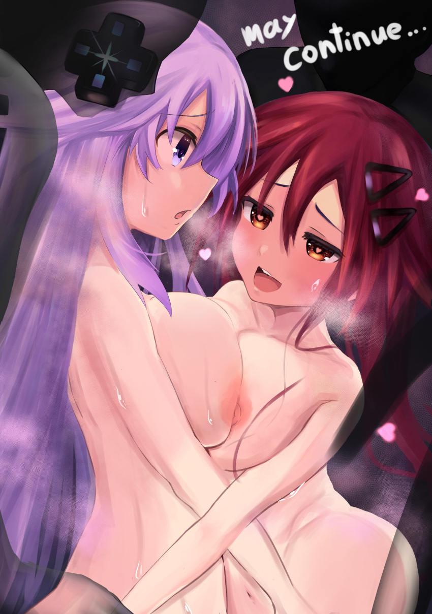 2023 2girls adult_neptune big_breasts blush compile_heart heart heart-shaped_pupils idea_factory looking_at_another multiple_girls neptunia_(series) nounaikakusan nude open_mouth orange_eyes pink_hair pleasure_face pressed_together pressing_breasts_together purple_eyes red_hair side_view steam sweat thick_thighs uzume_tennouboshi wet yuri