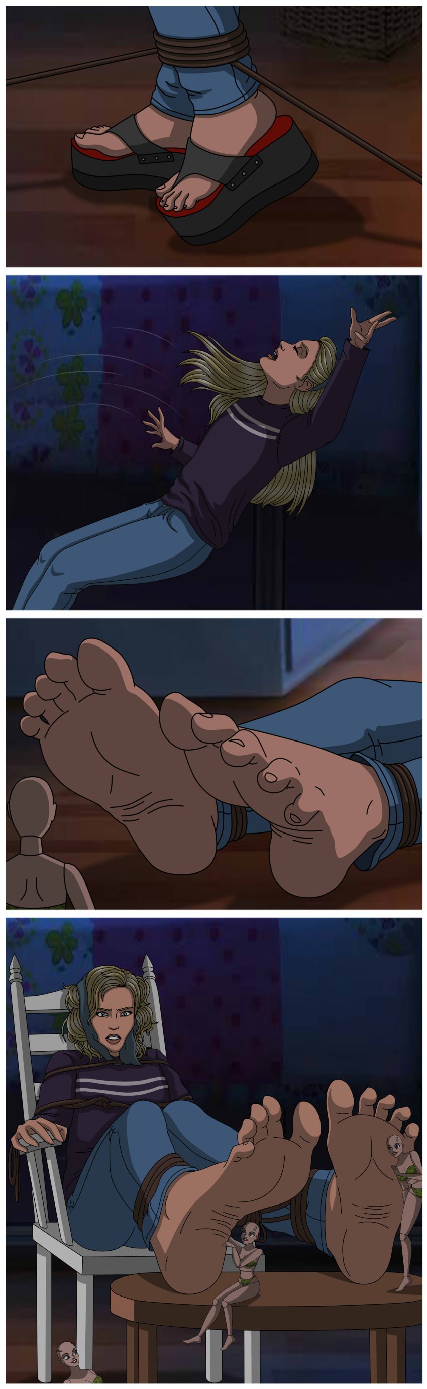 angry bald barefoot blonde_hair bondage comic confused disgusted doll_joints feet foot_fetish foot_focus foot_play foot_rub giantess gwendy_doll kirsten_dunst small_dom_big_sub small_soldiers soles tied_up toes unwanted_attention wedge_(footwear) yuri