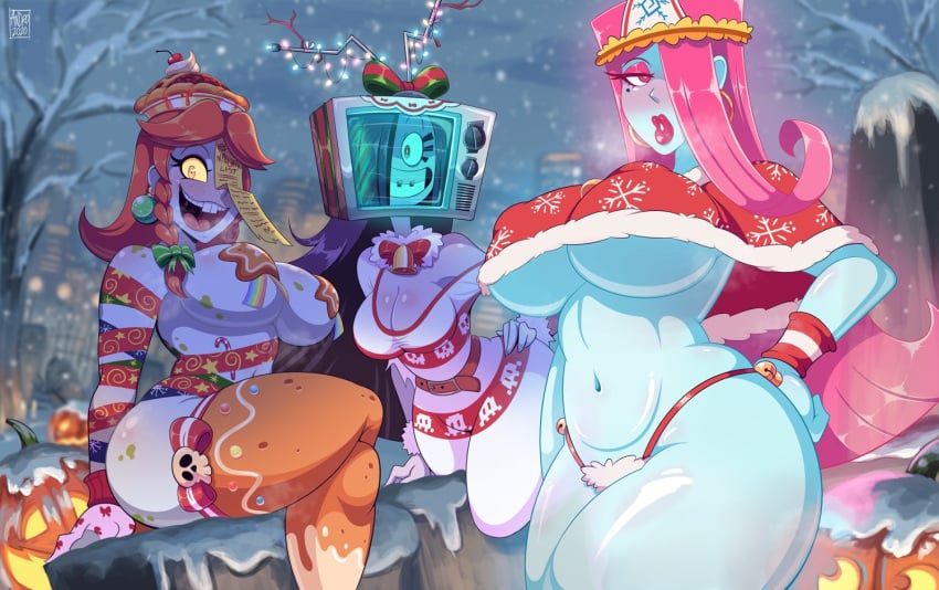 2020 2d 2d_(artwork) 3girls androjuniarto athletic athletic_female bells belt big_breasts blue_skin braces breasts busty cape christmas_clothing cleavage curvaceous curves curvy curvy_body curvy_female curvy_figure curvy_hips earrings eyeshadow female female_focus female_only fit_female ghost ghost_girl hi_res highres hourglass_figure huge_breasts korokke_san_(androjuniarto) large_breasts long_hair midriff multiple_girls navel nipple_bulge nipples_visible_through_clothing original original_character panties pie pink_eyes pink_hair pumpkin red_clothing smile trash_can_jiangshi_(androjuniarto) tv tv_zheng_(androjuniarto) underboob voluptuous wide_hips yellow_sclera zombie zombie_girl