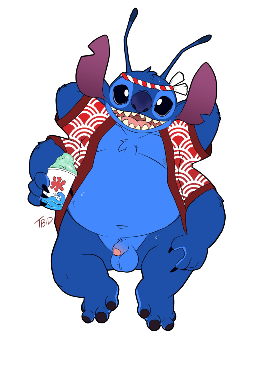 alien anthro asian_clothing balls belly black_eyes blue_body blue_fur blue_nose clothing dessert disney east_asian_clothing flaccid food fupa fur genitals happi_(clothing) hi_res japanese_clothing lilo_and_stitch male male_only moobs navel nipples overweight penis snow_cone solo stitch stitch_(lilo_and_stitch) tbid