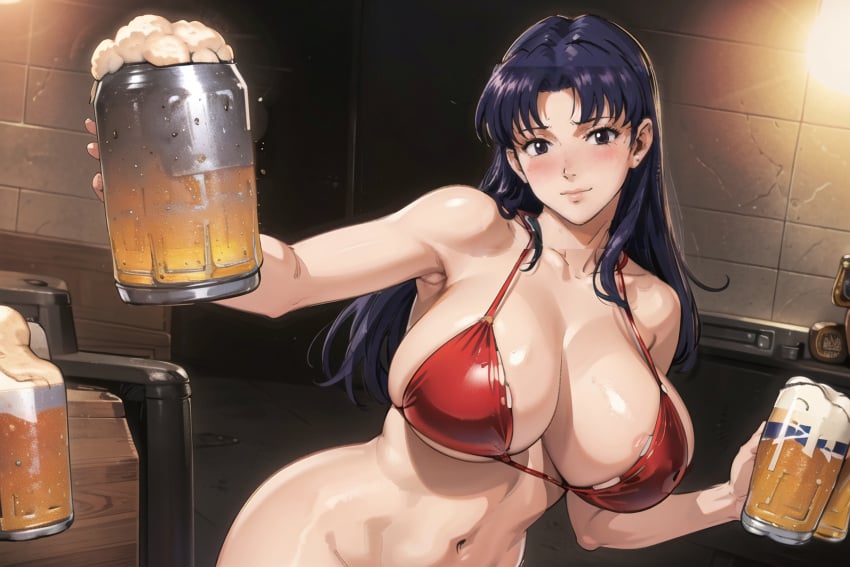 1girls ai_generated aroused beer beer_can beer_mug big_breasts bikini blush brown_eyes busty cleavage drunk katsuragi_misato looking_at_viewer misato_katsuragi navel neon_genesis_evangelion purple_hair red_bikini smile smiling_at_viewer solo thick_thighs voluptuous