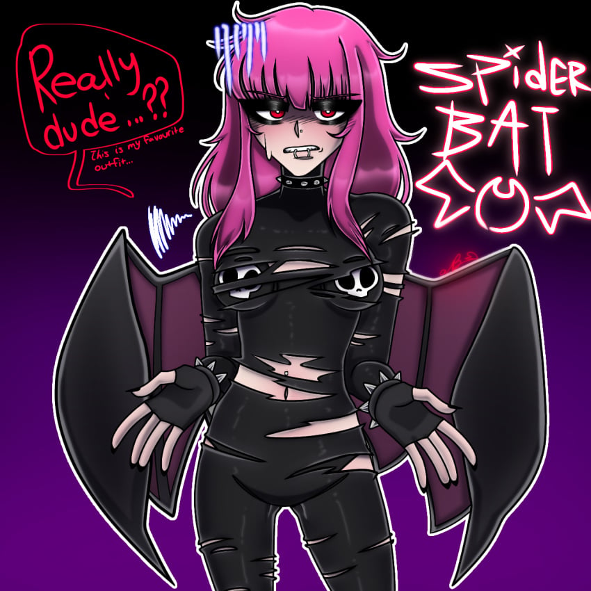 artist_self-insert artist_signature cute_deth cute_deth(artist) cute_deth(character) english_text exposed_bra looking_at_viewer marvel oc original_character pink_hair red_eyes ripped_clothing self_insert spider-man:_into_the_spider-verse spider_bat(cute_deth) spidersona spiked_bracelet spiked_collar