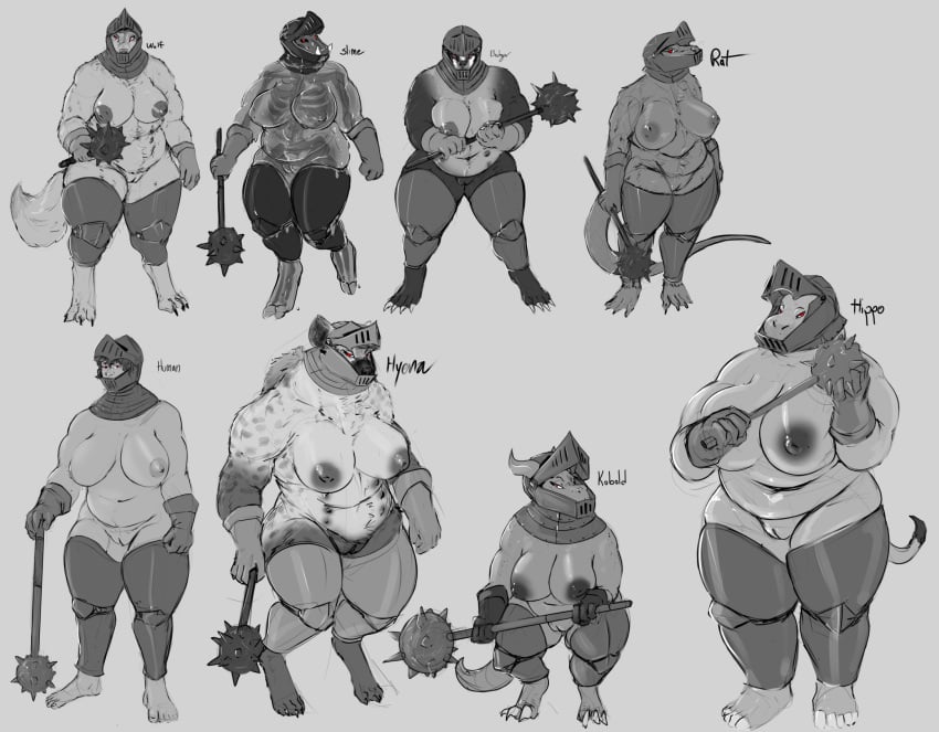 2023 alternate_species anthro armor badger belly_nipples big_breasts biped breasts canid canine canis clothing common_hippopotamus digital_media_(artwork) doctordj female genitals gloves goo_creature greyscale handwear headgear helmet hi_res hippopotamid holding_mace holding_object holding_weapon human hyena kobold mace mammal melee_weapon monochrome morning_star_(weapon) murid murine muscular_female mustelid musteline nipples pussy rat rodent uloth unconvincing_armor weapon wolf