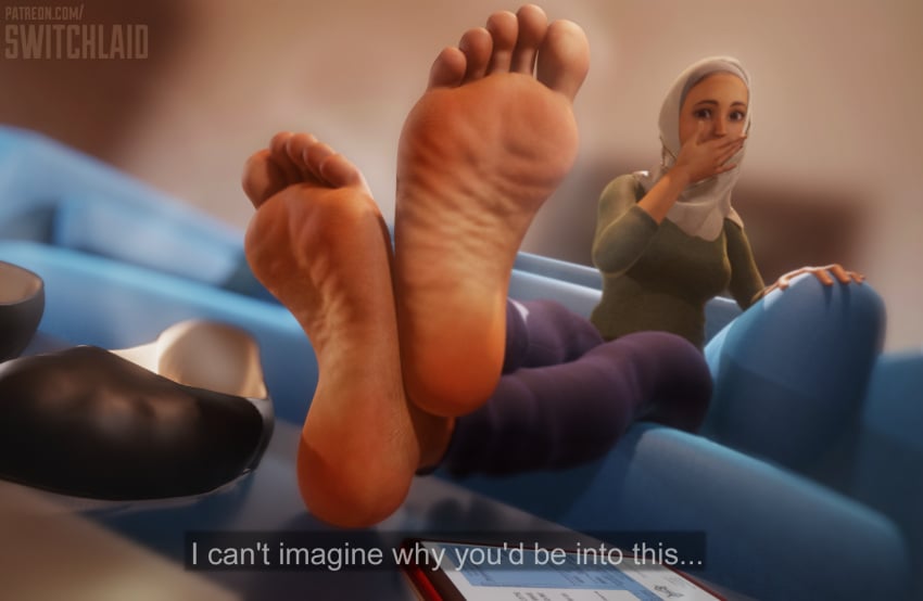 3d ballet_slippers barefoot clothed couch dialogue feet flat_shoes flats foot_fetish foot_focus hijab muslim muslim_female oc pants smell sofa soles switchlaid toes wrinkled_feet wrinkled_soles wrinkles