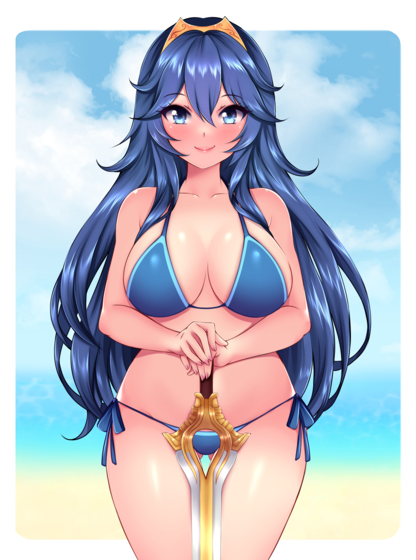 1girls alternate_breast_size ass_visible_through_thighs beach bikini blue_bikini blue_eyes blue_hair blue_sky_background blush cleavage commission cute falchion_(fire_emblem) female female_only fire_emblem fire_emblem_awakening hair_between_eyes large_breasts long_hair lucina_(fire_emblem) nintendo ocean outdoors smile solo sugarbell swimsuit sword thighs weapon