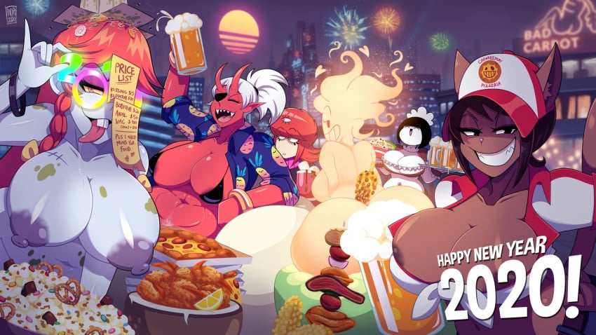 2020 2d 2d_(artwork) 6girls :d abs ajeng_(androjuniarto) androjuniarto areola areolae athletic_female baseball_cap beer beer_mug big_breasts breasts brown_fur cat_ears catgirl cleavage demon_girl demon_horns evil_smile felizza_(androjuniarto) female female_focus female_only fire fire_girl food hi_res highres huge_breasts large_breasts maidbot_(androjuniarto) multiple_girls muscular_female new_year_2020 nipple_slip nipples ona_(androjuniarto) original original_character red_hair sharp_teeth skimpy skimpy_clothes smile sunglasses tongue trash_can_jiangshi_(androjuniarto) worst_character_(androjuniarto) zombie zombie_girl