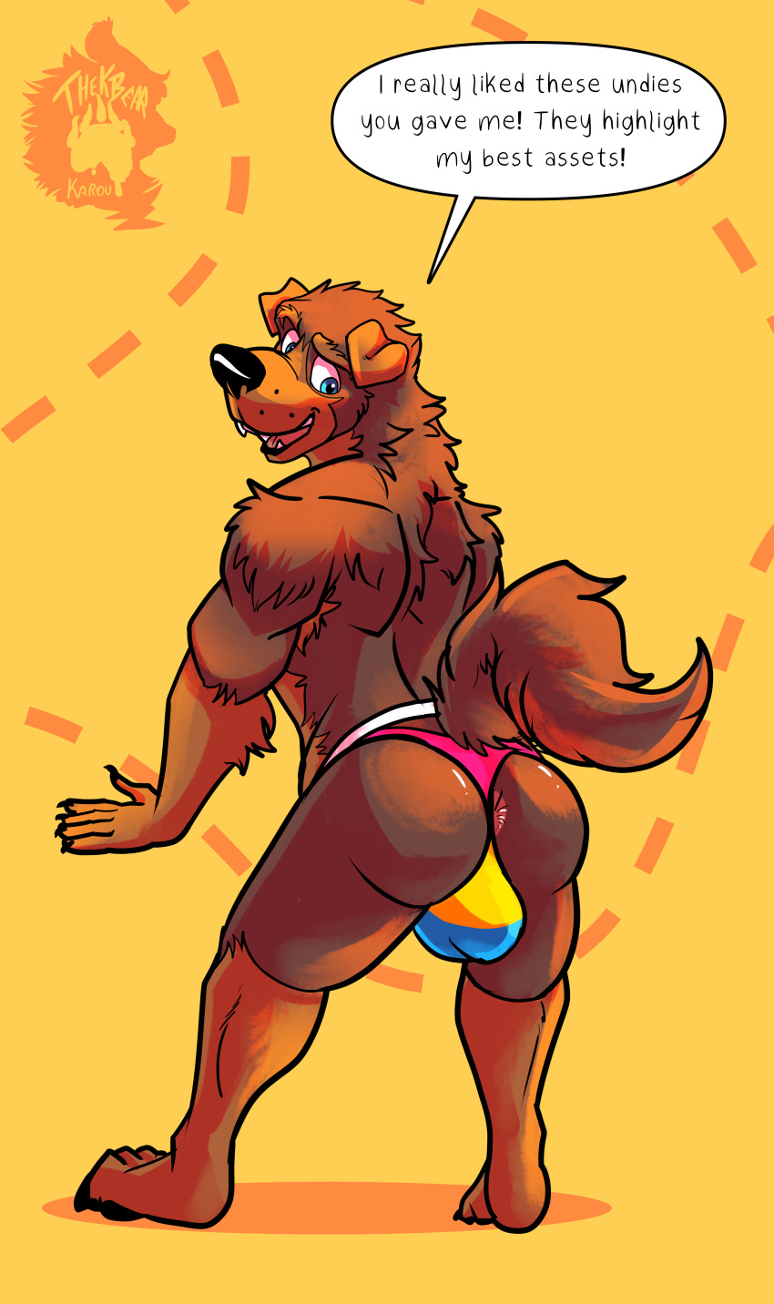 absurd_res anthro ass clothed clothing english_text greg_shepherd hi_res lgbt_pride male male_anthro male_only pose presenting presenting_hindquarters pride_color_clothing pride_colors speech_bubble text thekinkybear underwear underwear_only