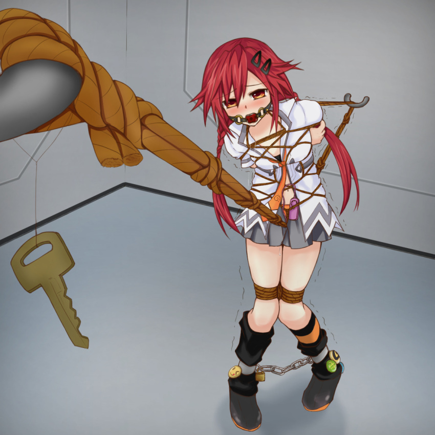 ankle_cuffs arms_tied_behind_back ball_gag bondage bound clothed femuto forced_masturbation helpless key legs_tied necktie neptunia_(series) open_shirt orange_eyes panties red_hair restrained rope rope_harness rope_walking rubbing_pussy sex_toy solo twintails uzume_tennouboshi vibrator