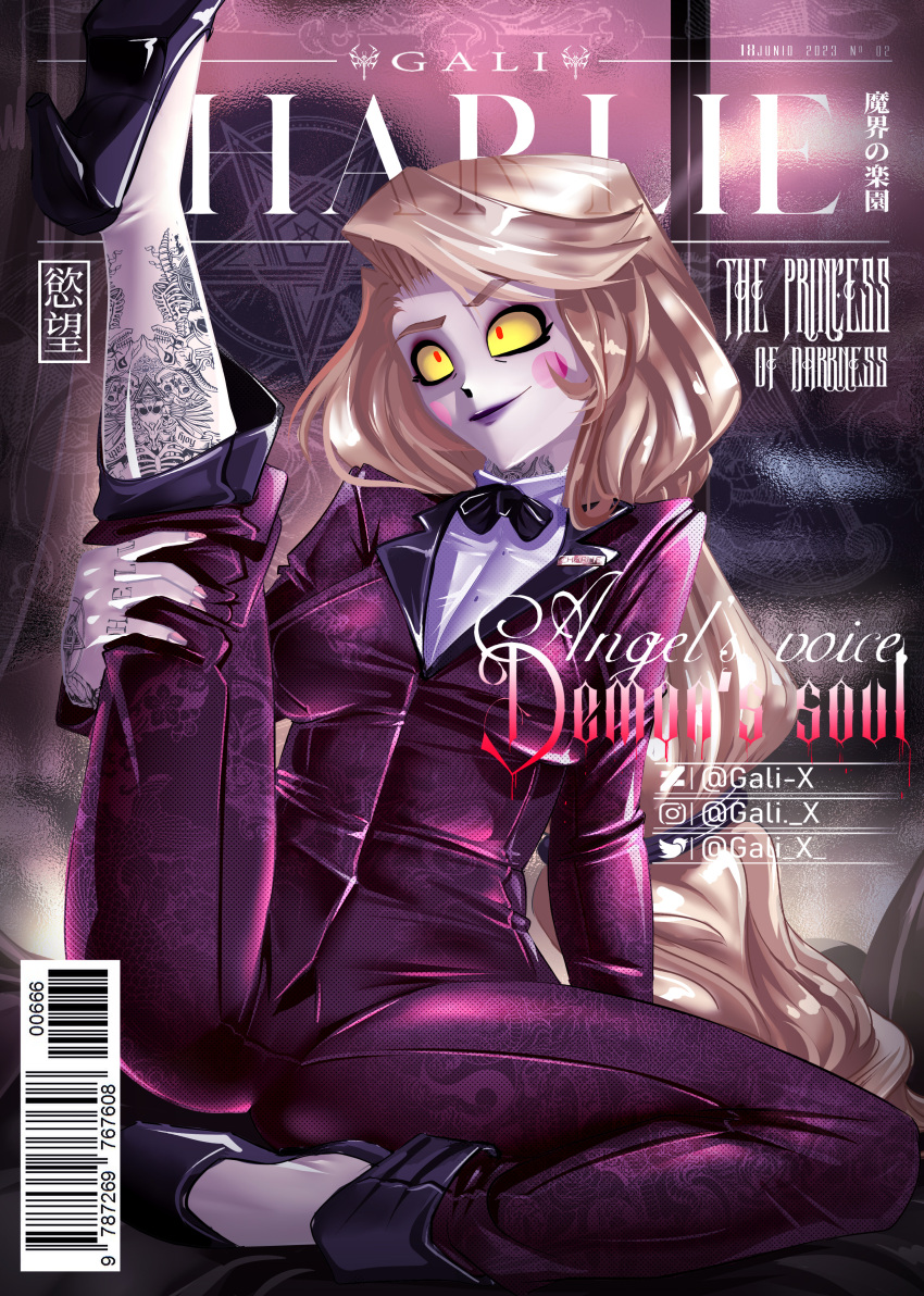 blonde_hair blonde_hair_female bowtie breasts charlie_morningstar_(hazbin_hotel) clothed_female female female_only gali-x hazbin_hotel heels magazine_cover red_suit suit tagme tattoos white-skinned_female white_skin white_skinned_female