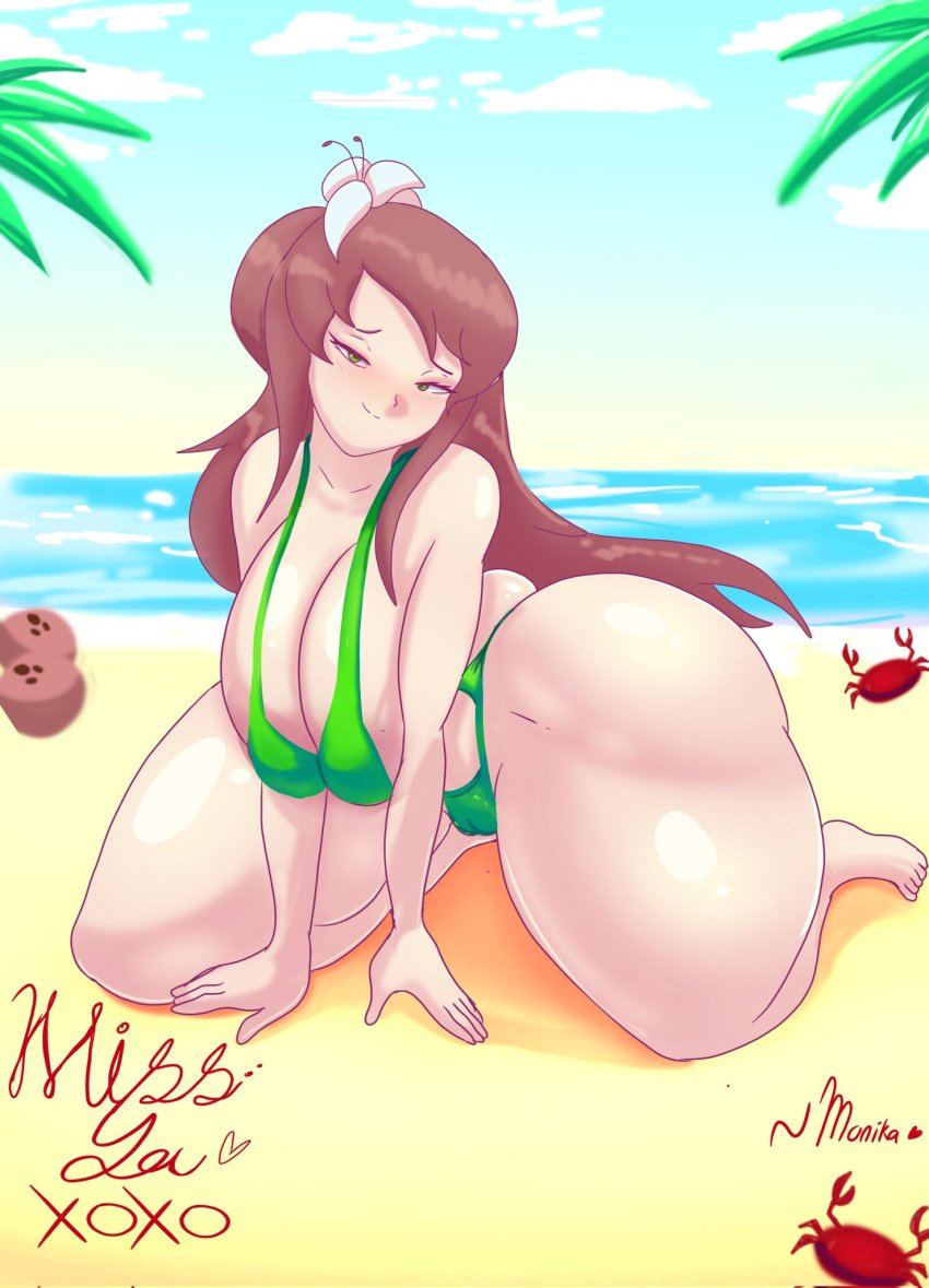 1girls barefoot beach bikini breasts brown_hair clothed doki_doki_literature_club female female_only flower flower_in_hair francyart34 full_body green_eyes just_monika large_breasts long_hair looking_back monika_(doki_doki_literature_club) postcard smile solo solo_female voluptuous voluptuous_female