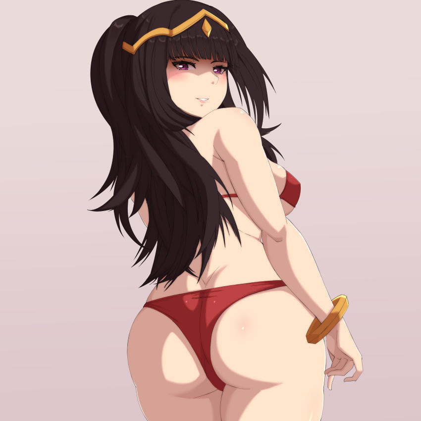 1girls absurd_res alternate_costume ass ass_focus back_view big_ass bikini black_hair blush bracelet female female_only fire_emblem fire_emblem_awakening fringe hair_ornament hi_res looking_at_viewer looking_back nintendo purple_eyes red_bikini red_swimsuit shiny_skin sideboob simple_background smile solo tharja_(fire_emblem) zerocgm