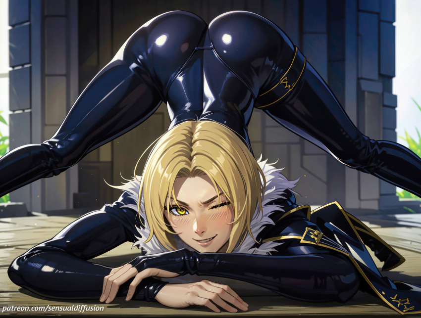 1girls 2d 4k ai_generated ass ass_up back benedikta_harman blonde_hair blush bodysuit evil_smile fanart fantasy final_fantasy final_fantasy_xvi fit_female flexible from_below fur fur_trim gold_eyes hentai jack-o_pose jackochallenge latex looking_at_viewer nsfw nude one_eye_closed pinup playstation ps5 sensualdiffusion shiny short_hair smile solo sony_interactive_entertainment spread_legs square_enix stable_diffusion thigh_strap tight_clothing top-down_bottom-up video_games wink yellow_eyes