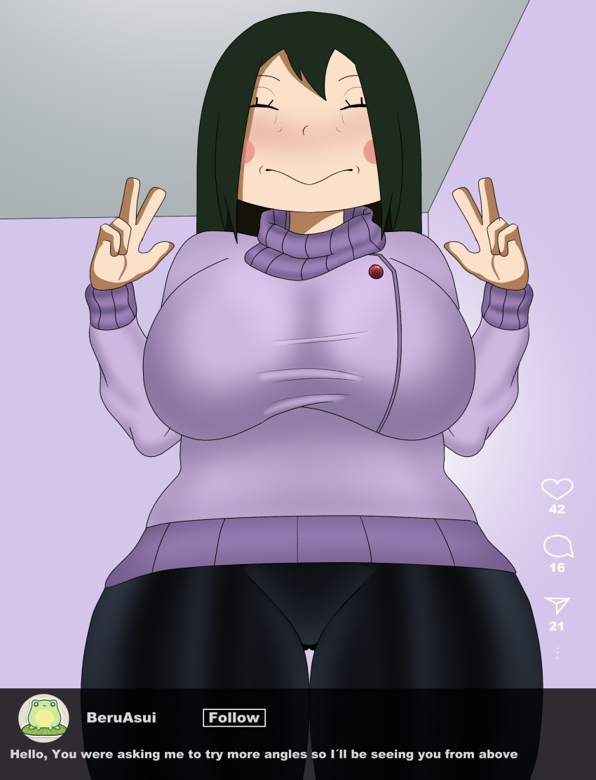 asui_beru beru_asui big_breasts blush closed_eyes facing_viewer huge_breasts instagram looking_down milf my_hero_academia nap´sart smiling social_media sweater