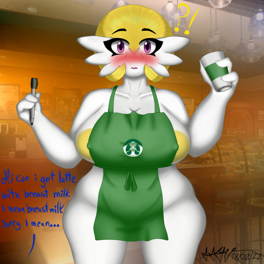 apron apron_only barista big_breasts big_thighs big_tits blush blushing boobs curvaceous curvy curvy_body curvy_hips curvy_milf curvy_thighs employee employee_uniform female gardevoir huge_breasts huge_tits iced_latte_with_breast_milk laia_(maskedmulti) lipstick maskedmulti mature_female milf nervous pokemon pokemon_(species) pov starbucks thick_thighs tits visible_nipples voluptuous wide_hips