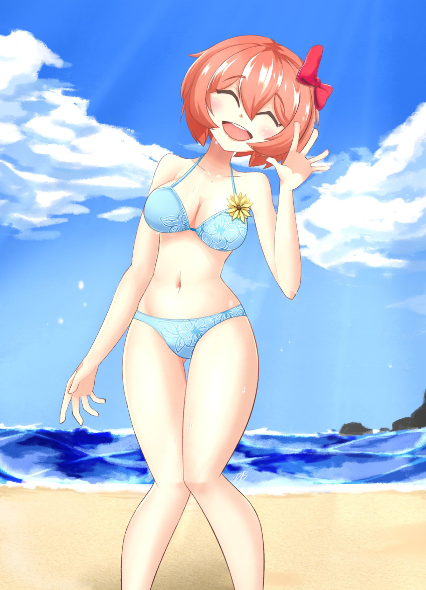 1girls 5_fingers bare_shoulders beach bikini bikini_bottom bikini_top blue_bikini blue_bikini_bottom blue_bikini_top blue_sky boobies boobs bow breasts cleavage closed_eyes cloud clouds doki_doki_literature_club eyes_closed female female_focus female_only female_solo flower focus_on_human girl girl_only hair_bow hair_ornament hairbow human human_female human_focus human_only human_solo light-skined_female light-skinned light-skinned_female light_skin light_skinned_female mouth_open navel only_female open_mouth plant red_bow red_hair_bow red_hair_ornament red_hairbow sand sayori_(doki_doki_literature_club) sirdusterbuster sky solo solo_female solo_focus solo_human strawberry_blonde_hair swimsuit tits water wave waving waving_at_viewer waving_hand