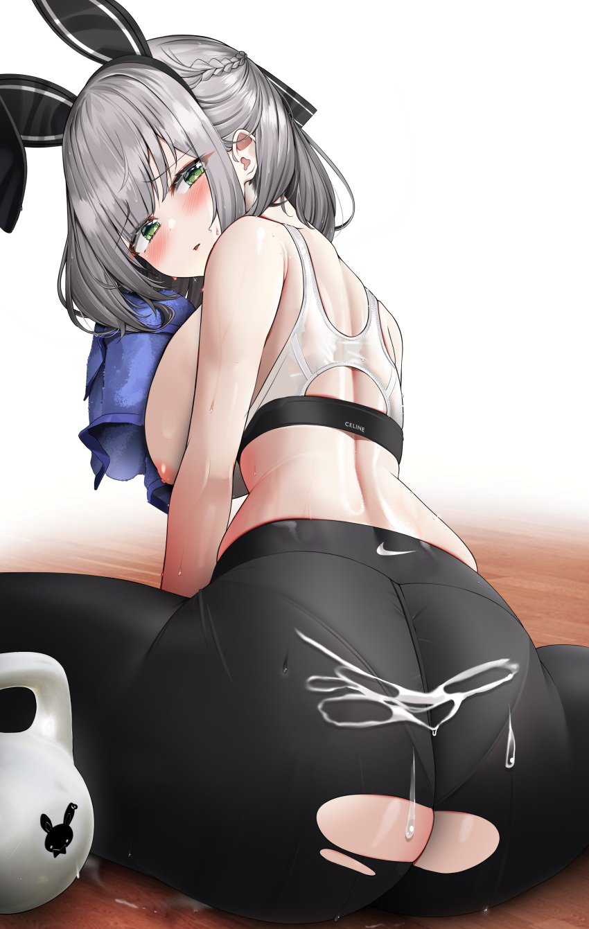 1girls areolae ass back back_view breasts breasts_out bunny_ears bunny_girl company_logo cum cum_on_ass female female_only green_eyes hi_res hololive hololive_fantasy hololive_japan huge_ass huge_breasts kettlebell kuse_(0201) large_areolae looking_at_viewer nike nipples shirogane_noel short_hair sports_bra sportswear tight_clothing torn_clothes virtual_youtuber white_hair yoga_pants