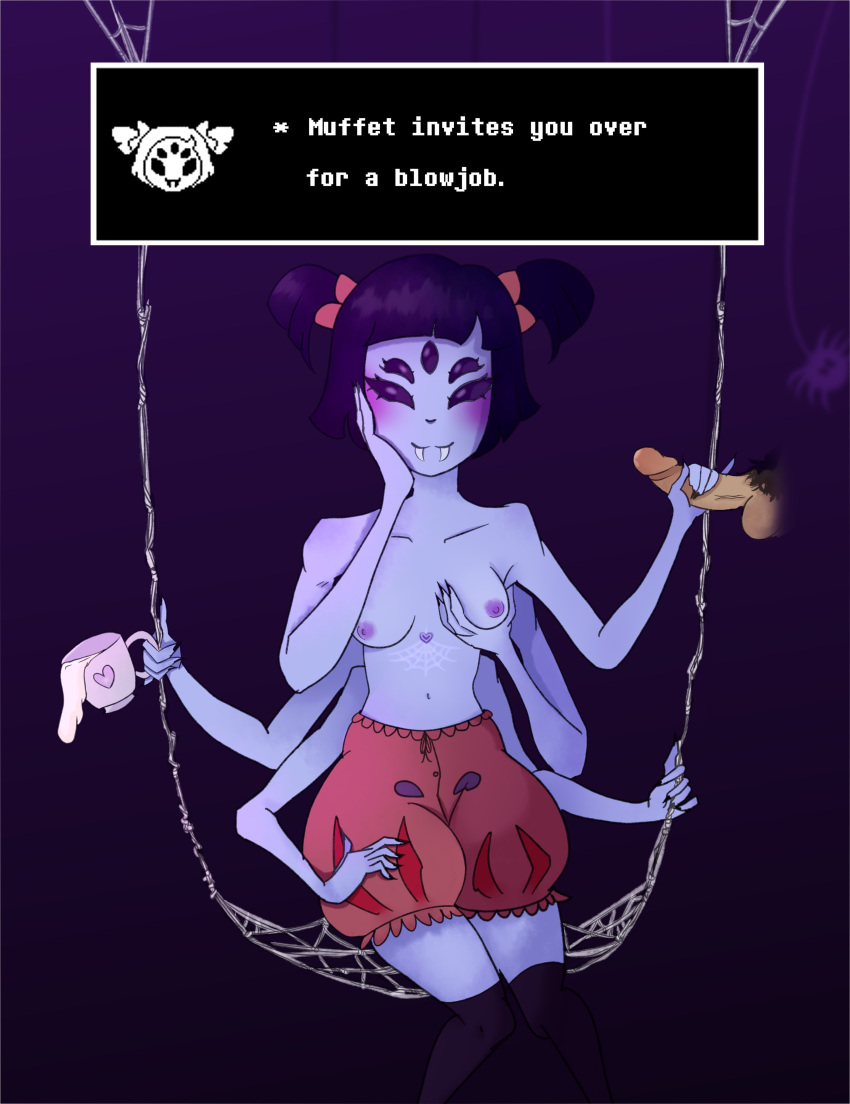 2d 2d_(artwork) 2d_artwork alun4aaaa bloomers color english english_dialogue english_text floating_penis muffet multi_arm multi_eye multi_limb purple_skin spider_humanoid spiderweb_tattoo tagme tattoo_on_chest text twintails uncensored uncensored_breasts uncensored_penis undertale undertale_(series)