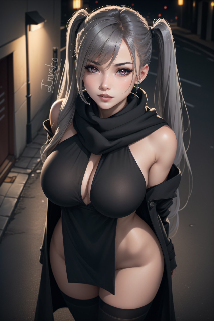 1girls 2023 ai_generated arms_behind_back big_breasts black_coat black_jacket black_scarf black_thighhighs breasts coat exhibitionism female from_above grey_hair invsko jacket long_hair looking_at_viewer night no_panties off_shoulder original original_character parted_lips patreon patreon_username public public_nudity scarf self_upload silver_hair solo stable_diffusion teeth teeth_showing thigh_highs thighhighs twintails very_long_hair white_hair