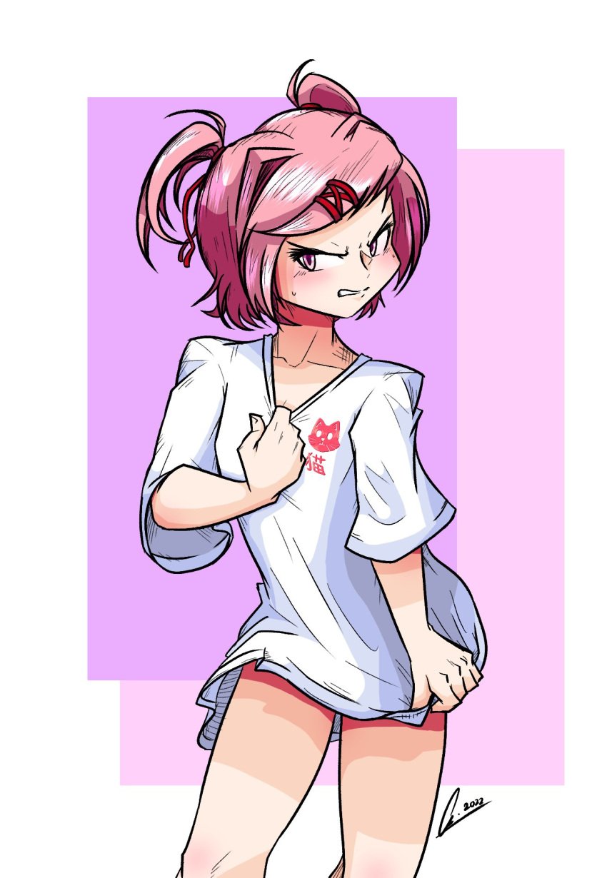 1female 1girls 2023 5_fingers artist_signature blush blushing dated doki_doki_literature_club emeruga female female_only focus_on_human girl girl_only hair_intakes human human_focus human_solo natsuki_(doki_doki_literature_club) pink_eyes pink_hair shirt shirt_only signature solo solo_female solo_focus solo_human white_shirt year