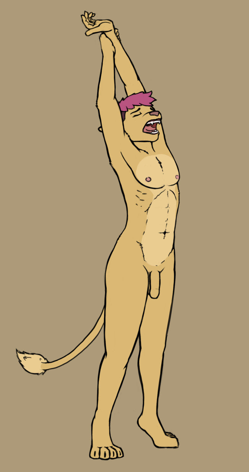 absurd_res anthro closed_eyes fangs felid foreskin genitals granolapunch hair hi_res leon_(granolapunch) lion male mammal nipples open_mouth pantherine penis pink_hair solo stretching teeth teeth_showing yawn yellow_body