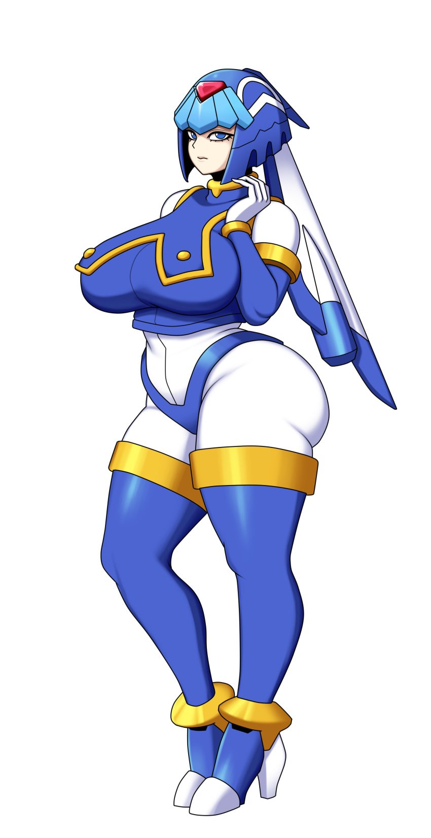 1girls blue_eyes bodysuit breasts fairy_leviathan helmet huge_breasts mega_man mega_man_zero milf mk001black robot robot_girl robot_humanoid rockman_zero thick thick_legs thick_thighs