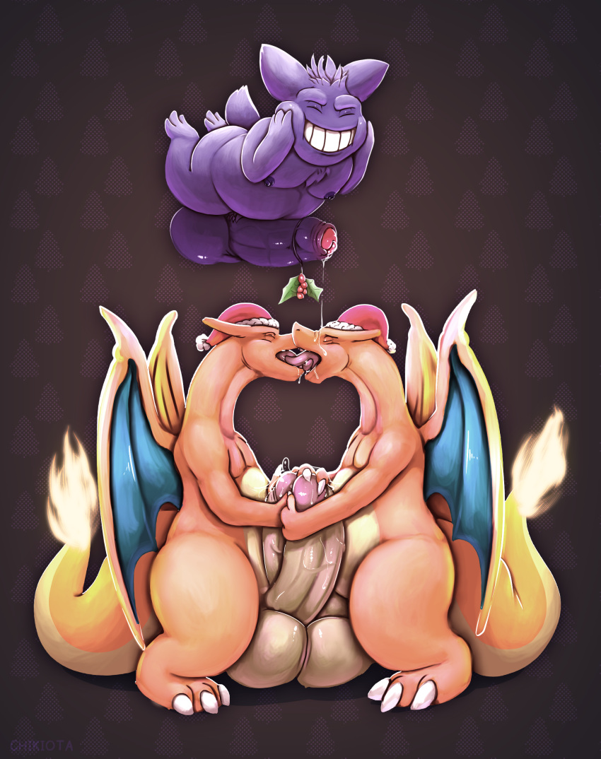 3_fingers 3_toes 3boys anthro anthro_on_anthro anthro_only balls balls_touching big_balls big_penis bodily_fluids charizard chikiota christmas christmas_hat circumcised claws closed_eyes duo duo_focus erection feet fire floating foreskin french_kiss french_kissing frottage frotting gay generation_1_pokemon gengar genital_fluids genitals ghost grin grinning hair hands_on_face hat headwear headwear_only hi_res holly_(plant) huge_balls huge_cock humanoid_genitalia humanoid_penis kissing leaf levitation male male/male male_nipples male_only male_pubic_hair membrane_(anatomy) membranous_wings naked nude_male open_mouth orange_body orange_skin overweight overweight_anthro overweight_male partially_retracted_foreskin penis penises_touching plantigrade pokemon pokemon_(species) pokemon_only precum precum_bridge precum_drip precum_on_face precum_on_penis precum_string purple_balls purple_body purple_foreskin purple_nipples purple_penis red_hat santa_hat signature smile smiling standing tail teeth tongue tongue_kiss tongue_out trio two_tone_body uncircumcised veiny_penis wings xmas yellow_body yellow_skin