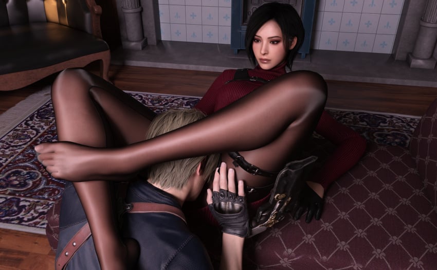 1boy 1girls 3d ada_wong ada_wong_(adriana) capcom cunnilingus cunnilingus_through_clothes feet legs legs_held_open leon_scott_kennedy leon_scott_kennedy_(eduard_badaluta) pantyhose resident_evil resident_evil_4 resident_evil_4_remake sweater sweater_dress