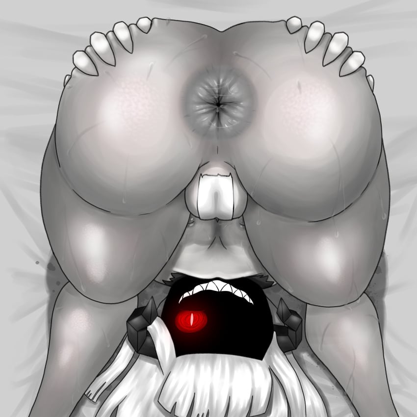 1girls anal anal_access anal_only anal_only_maebari anus ass_up big_anus big_ass darkafterdark dragon_girl female female_only horns maebari oc presenting presenting_anus red_eyes shadowed_face shortstack small_breasts smile sweat white_hair