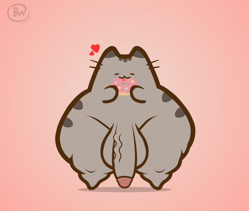 1boy ass balls big_ass big_balls big_butt big_penis bonguitoweon butt cat closed_eyes domestic_cat donut eating feline food front_view happy heart holding_food holding_object hung male male_only penis pusheen pusheen_the_cat_(series) rule_63 simple_background solo solo_male tabby_cat thick_thighs thunder_thighs veiny_penis watermark whiskers wide_hips