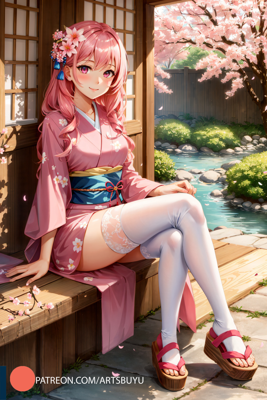 1girls ai_generated artsbuyu bangs blush cherry_blossoms crossed_legs hair_flower hi_res japanese_clothes kimono long_hair medium_breasts okobo original original_character petals pink_hair pink_kimono platform_footwear purple_eyes sandals shrine_maiden sitting smile stable_diffusion thighhighs tights white_legwear white_thighhighs