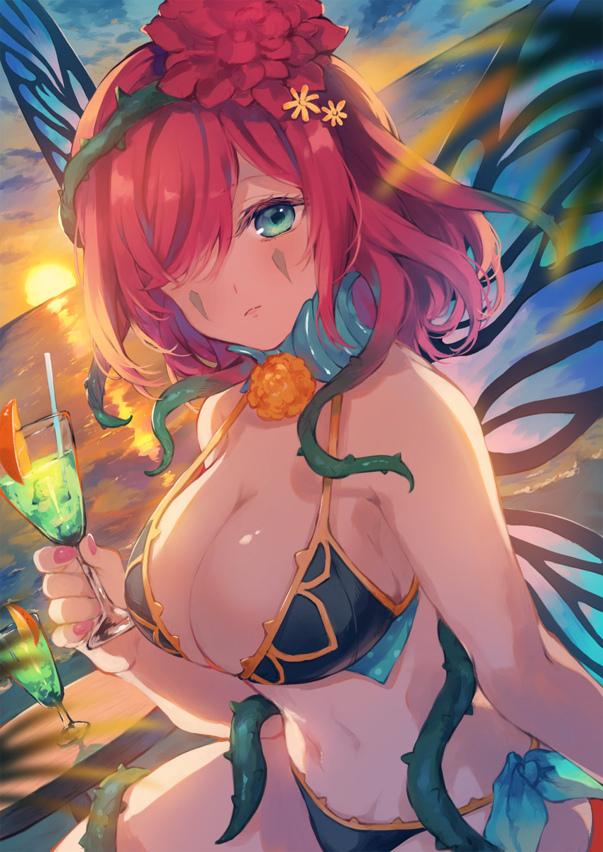 1girls alternate_costume beach bikini black_bikini black_swimsuit blue_eyes breasts cleavage commission cup female female_only fire_emblem fire_emblem_heroes food fruit hair_over_one_eye hair_vines highres holding holding_cup ice ice_cube large_breasts lemon_slice looking_at_viewer melon_soda nintendo purple_hair second-party_source skeb_commission sunset swimsuit tamaki_iori triandra_(fire_emblem)