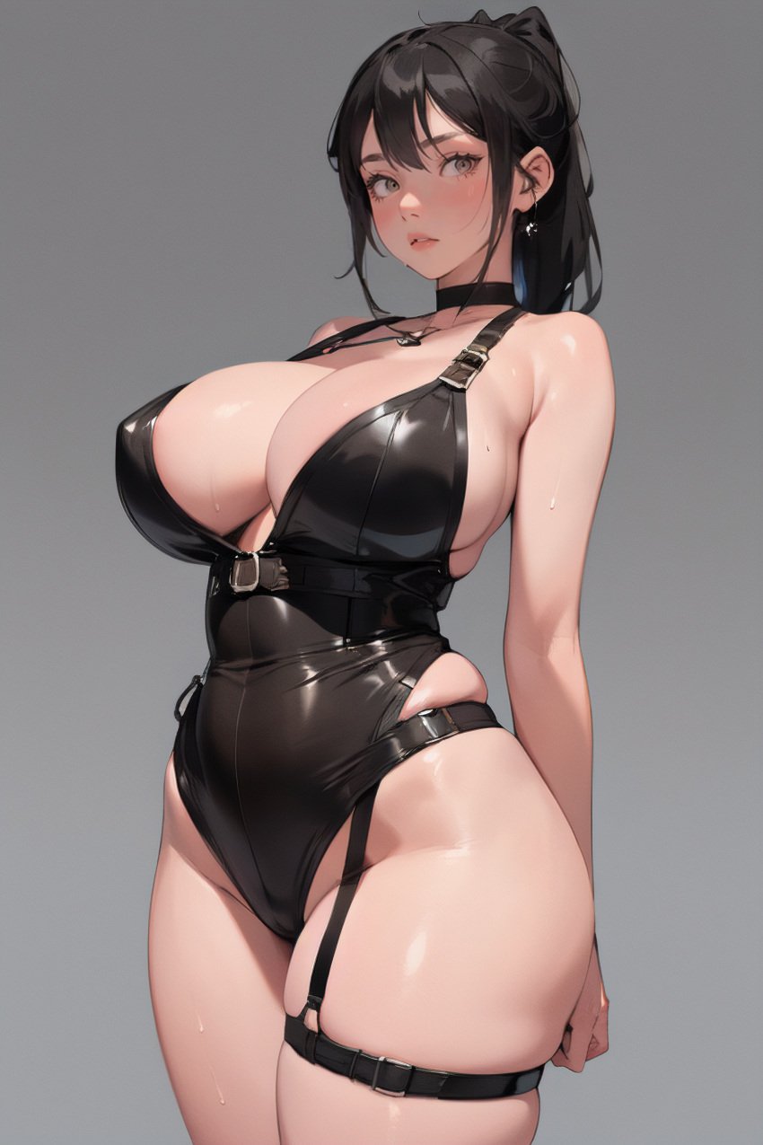 1girls ai_generated ape_loo big_breasts black_hair breasts choker clothing female female_only hourglass_figure large_breasts light-skinned_female long_hair ponytail simple_background solo solo_female standing thick_thighs wide_hips