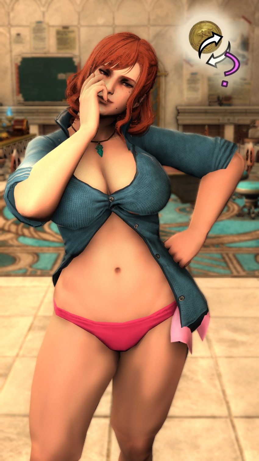 1girls 3d biting biting_penis chubby chubby_female delivery_employee delivery_girl female female_only final_fantasy final_fantasy_xiv large_breasts large_penis miqo'te plump red_hair small_breasts smelling_penis tagme w0lfie