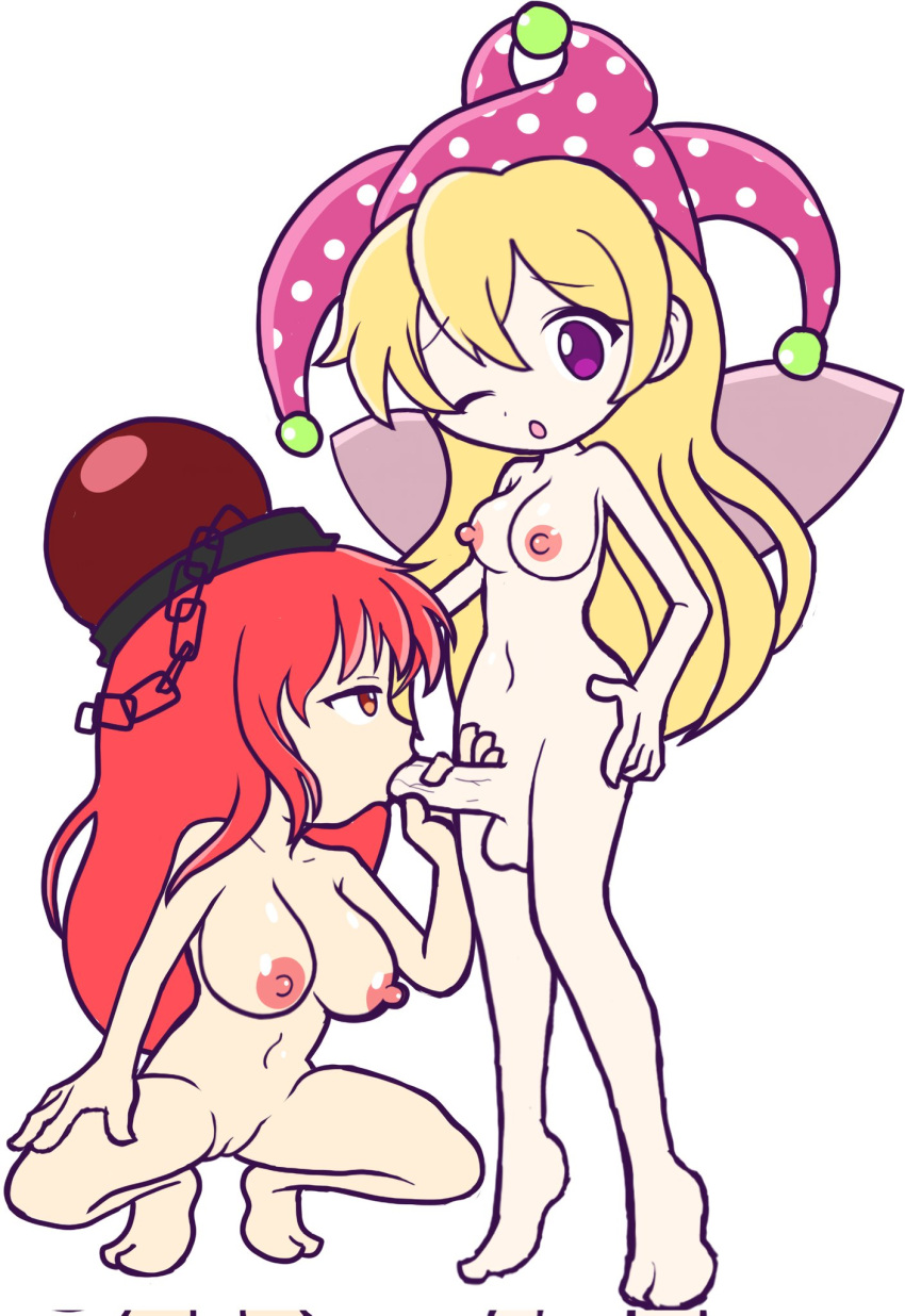 1futa 1girls :o blonde_hair blowjob clownpiece fellatio furii_(artist) futa_on_female futanari hecatia_lapislazuli jester_cap one_eye_closed puyo_puyo_artstyle red_hair squatting tagme touhou