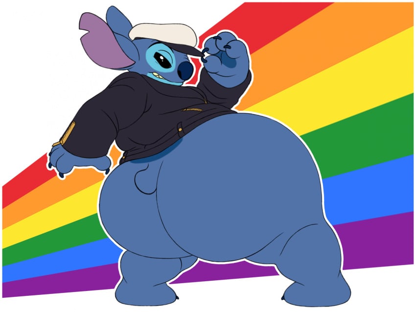 1boy alien alien_humanoid anthro ass ass_out_for_pride_month back_view big_ass big_butt blue_fur bottomless bottomless_male cap disney disney_channel furry gay hat hips hyper hyper_ass large_ass leather_jacket lilo_and_stitch male male_focus male_only no_pants pose pride pride_colors pride_flag pride_month stitch superchub thick_thighs thighs vetoknox wide_hips zipper