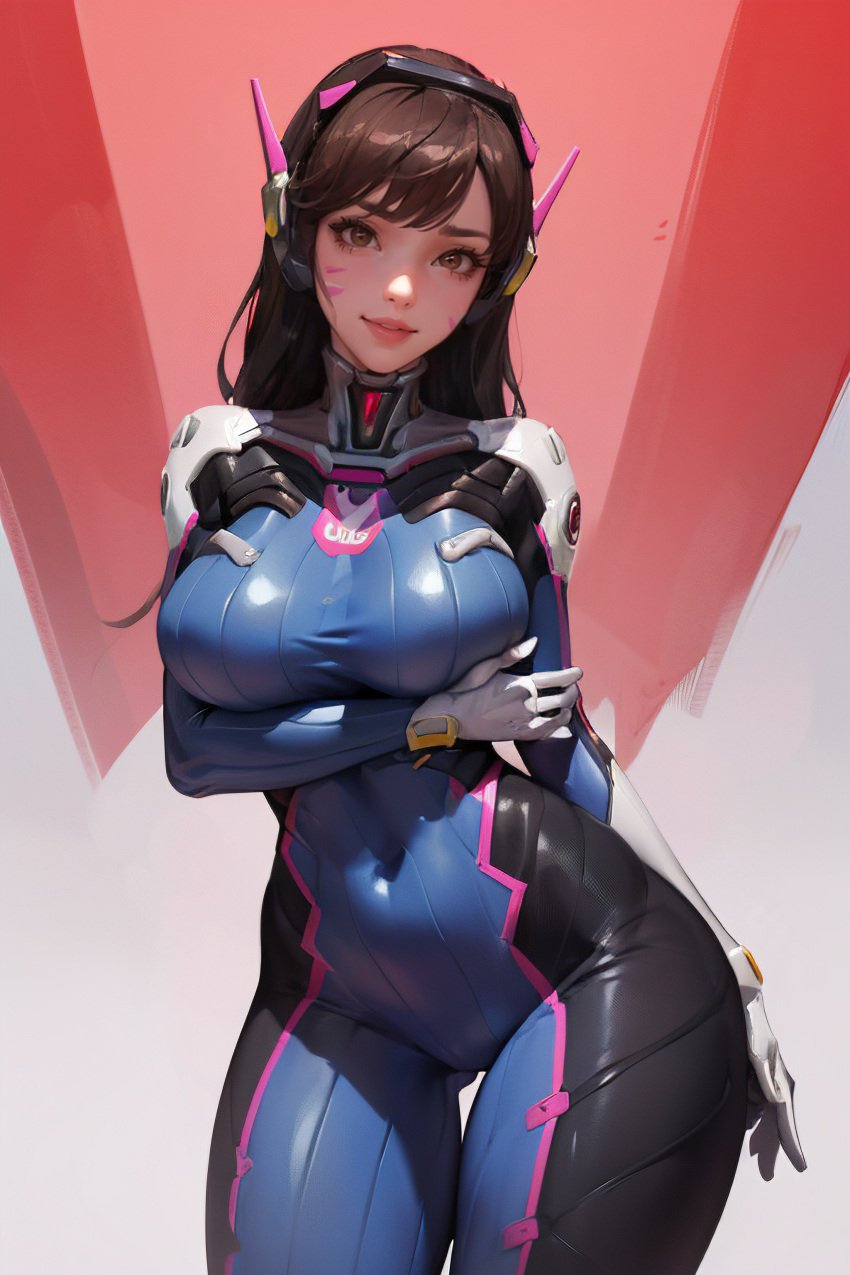 1girls ai_generated ape_loo big_breasts bodysuit breasts brown_hair d.va female female_only headphones hourglass_figure long_hair overwatch simple_background solo solo_female thick_thighs tight_clothing wide_hips