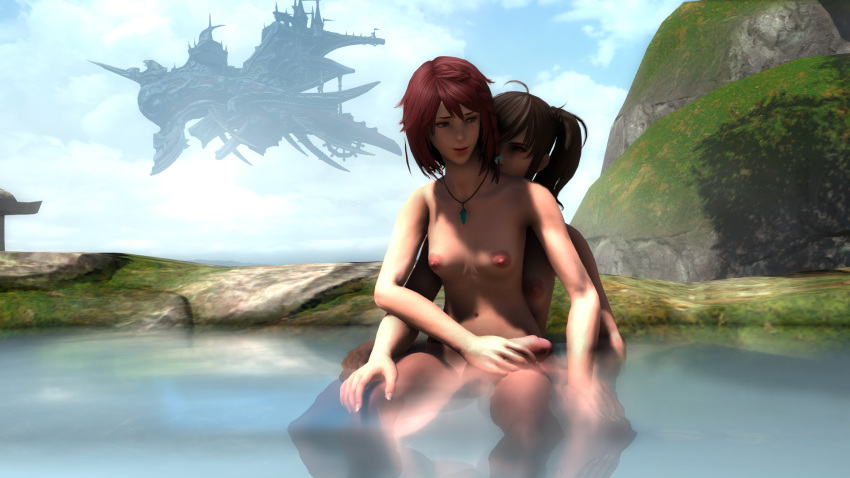 2girls 3d accidental_erection bathhouse bathing couple female final_fantasy final_fantasy_xiv futanari grabbing_penis highlander large_penis midlander muscular_female penis_between_legs penis_between_thighs penis_grab public public_exposure public_nudity sitting_on_lap tagme w0lfie