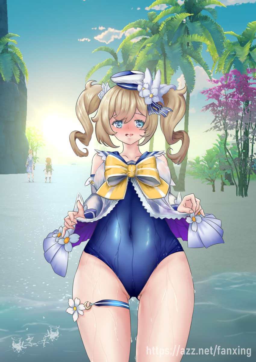 3girls barbara_(genshin_impact) barbara_(summertime_sparkle)_(genshin_impact) big_thighs blonde_hair blue_eyes blush fanxing female genshin_impact huge_thighs multiple_girls wet_body