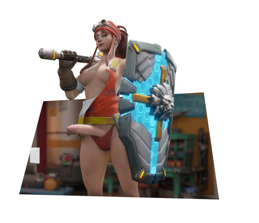 1futa 3d auburn_hair awlnsfw big_penis breasts breasts_out brigitte futa_only futanari gloves goggles holding_weapon long_hair looking_at_viewer overwatch penis penis_out ponytail shield sidelocks solo