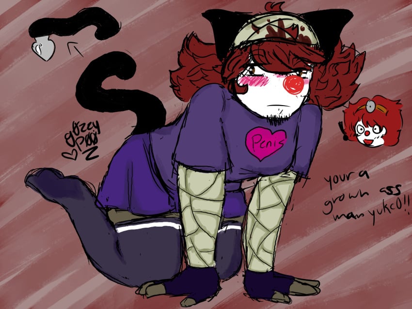 1boy bandage bandages bending_down black_eyes blood buttplug cat_ears cat_tail cat_tail_buttplug catboy clown femboy fingerless_gloves on_knees purple_clothes red_hair roblox roblox_myth thighhighs thighs yukc0