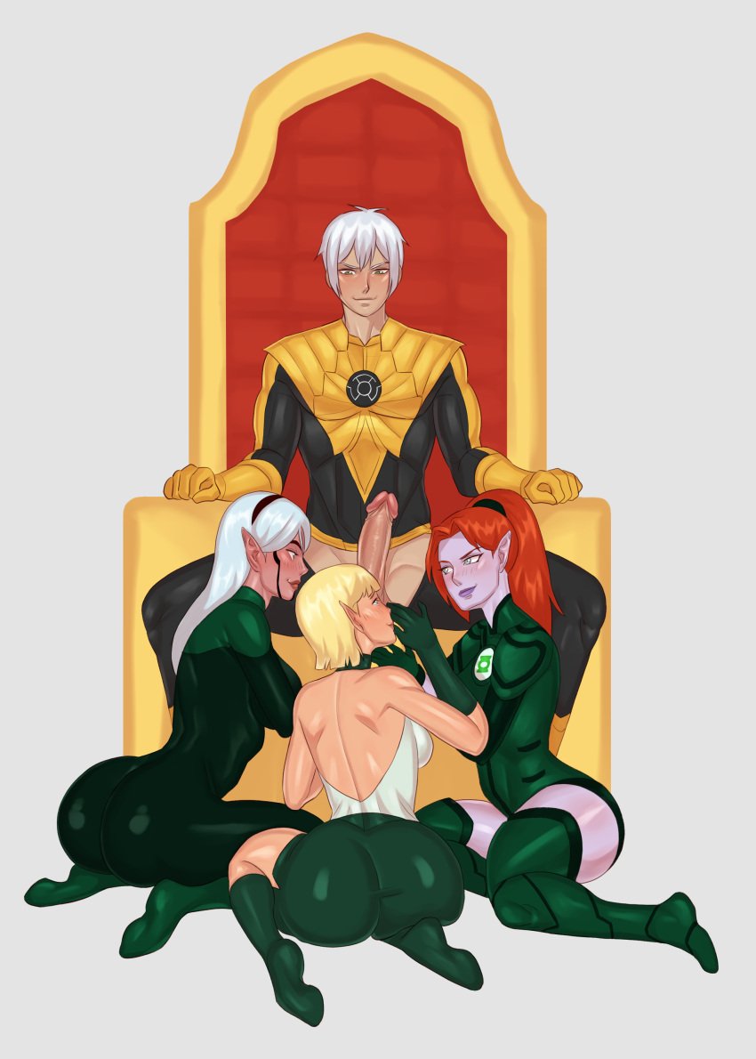 1boy 3girls arisia_rrab big_penis blush cock_worship crossover dc dc_comics green_lantern_(series) green_lantern_corps harem interspecies laira_omoto original_character pawgg princess_iolande sinestro_corps sitting_on_throne smirk throne yellow_lantern