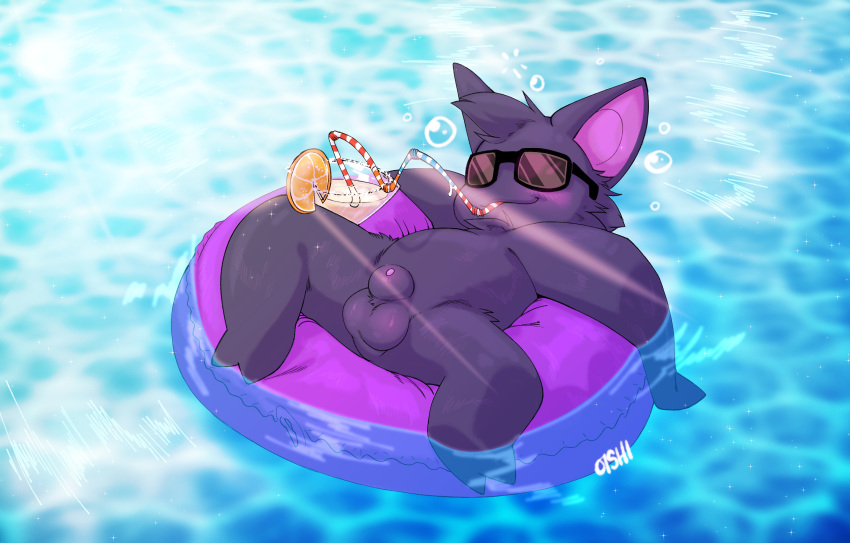 animal_genitalia anthro balls beverage big_ears blush bubble casual_nudity drinking eyewear floatie generation_1_pokemon genitals hair hi_res inflatable light light_beam lying male nintendo o-ishi penis penis_tip pokemon pokemon_(species) semi-anthro sheath short_stack solo spread_legs spreading straw sunbathing sunbeam sunglasses sunlight water wings zazu_(o-ishi) zubat