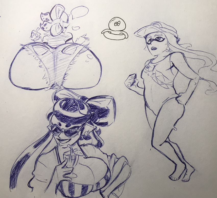 ass ass_focus big_ass big_breasts breast_focus breasts callie_(splatoon) dat_ass femboy feminine_male huge_ass huge_breasts idol inkling inkling_boy jean_shorts large_ass levi_(oh_gosh_levi) marie_(splatoon) oh_gosh_levi sitting sketch sketch_page splatoon squid_sisters sunglasses_on_head swimsuit