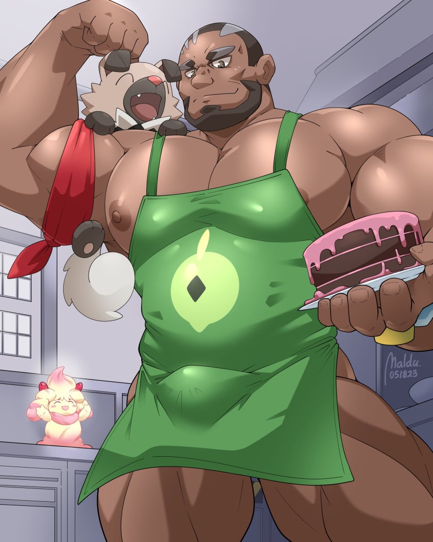 alcremie apron bara cake dark-skinned_male dark_skin iwanko maldu male male_only mawhip melanin murdock_(pokemon) muscles muscular muscular_male pokemon pokemon_(anime) pokemon_horizons rockruff