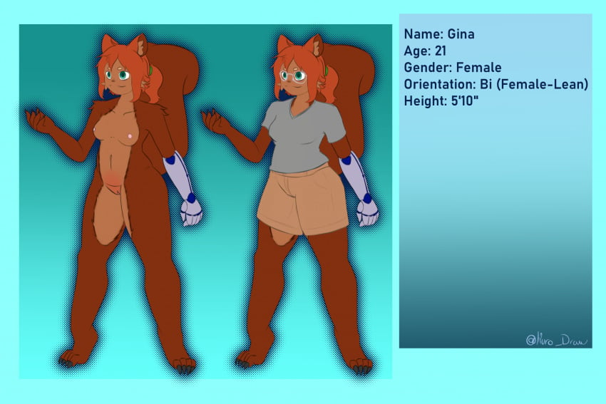 accessory anthro blue_eyes brown_body brown_fur clothed clothing female fur gina_(timestay) hair hair_accessory hairband hi_res information kurotodraw mammal model_sheet nude ponytail prosthetic prosthetic_arm prosthetic_limb red_hair rodent sciurid solo tree_squirrel