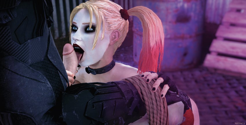 1boy 1boy1girl 1girls 3d batman batman:_arkham_city batman_(series) blonde_hair blowjob bondage dc dc_comics erection harley_quinn harley_quinn_(arkham) harley_quinn_(arkham_city) male nedac1 penis restrained source_filmmaker straight tongue tongue_out