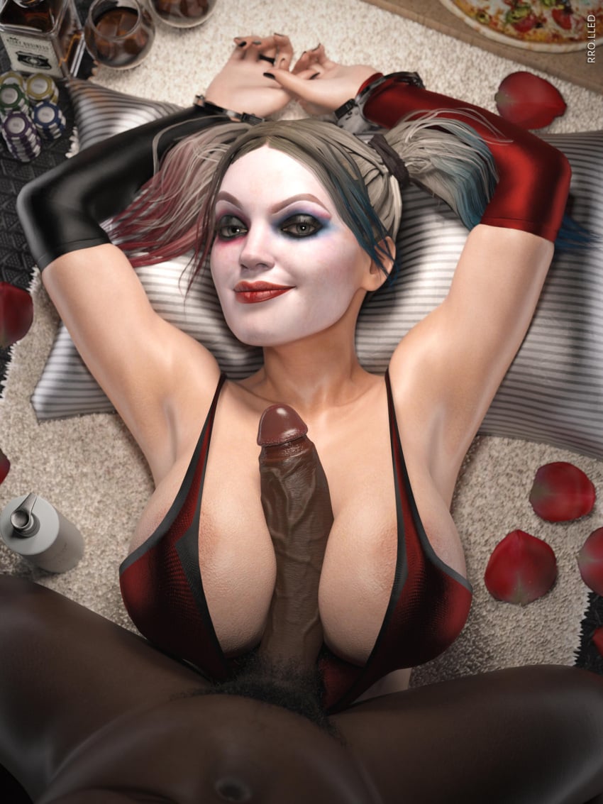 1boy 1girls 3d areola_slip areolae armpits arms_up armwear batman_(series) big_breasts blonde_hair blue_eyes blue_hair bra busty completely_naked completely_naked_male completely_nude completely_nude_male cuffs dark-skinned_male dark_skin dc dc_comics eyeshadow female female_focus handcuffs harley_quinn harley_quinn_(injustice) hourglass_figure injustice_2 interracial light-skinned_female light_skin lipstick long_fingernails long_hair makeup male nail_polish nude_male paizuri penis pillow pov pubes pubic_hair red_hair rro.lled tagme three-tone_hair tied_hands titfuck titjob wide_hips