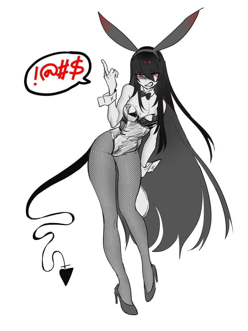 black_hair bunny_ears bunny_girl bunnysuit demon_girl demon_tail female graveweaver i'm_the_grim_reaper long_hair middle_finger playboy_bunny red_eyes scarlet_(i'm_the_grim_reaper) scars scars_on_chest stitches tail webcomic webcomic_character webtoon